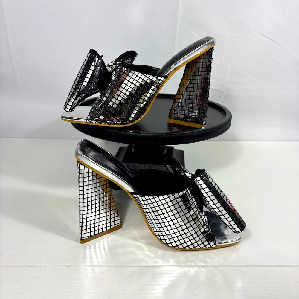 Cape Robbin Women's Disco Ball Black & Silver Grid Block Big Bow Heels Size 7.5 - Picture 2 of 10